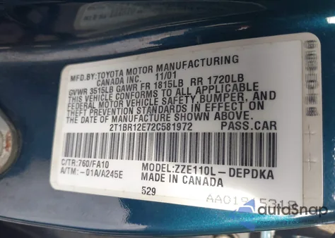 2002 Toyota Corolla Le z USA, uszkodzony, nr VIN 2T1BR12E72C581972